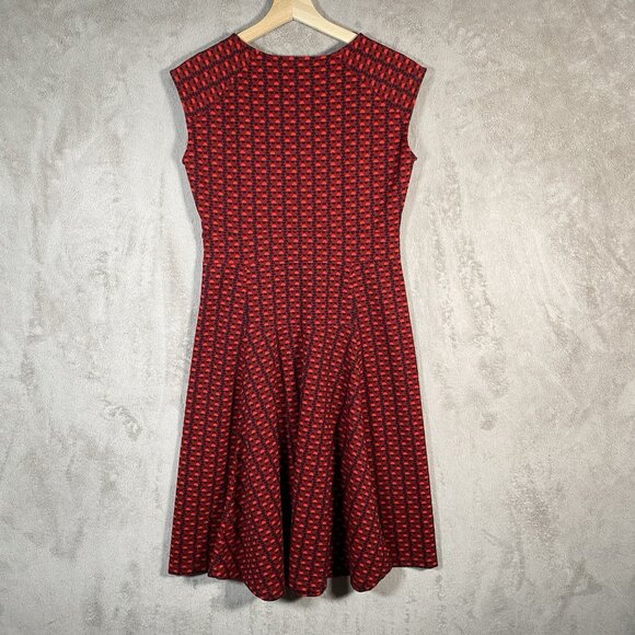 Lands End Ponte Knit Dress Red Geometric Cap Sleeve Fit & Flare Modest Church - Picture 7 of 12